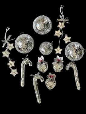 12 Silvestri Vintage Silver Mirrored Mosaic Candy Cane, Star and Heart Ornaments